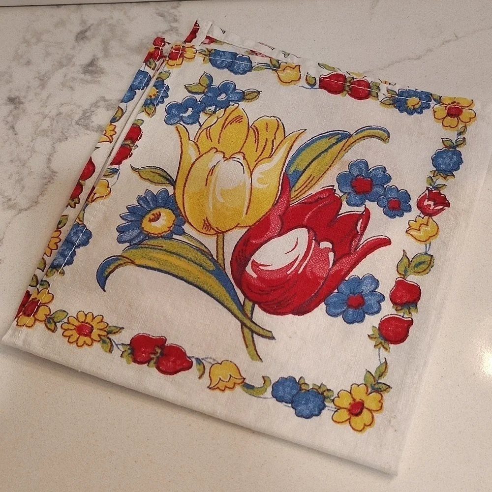 Vintage cloth napkin fruit and tulip print set of 3 12.5